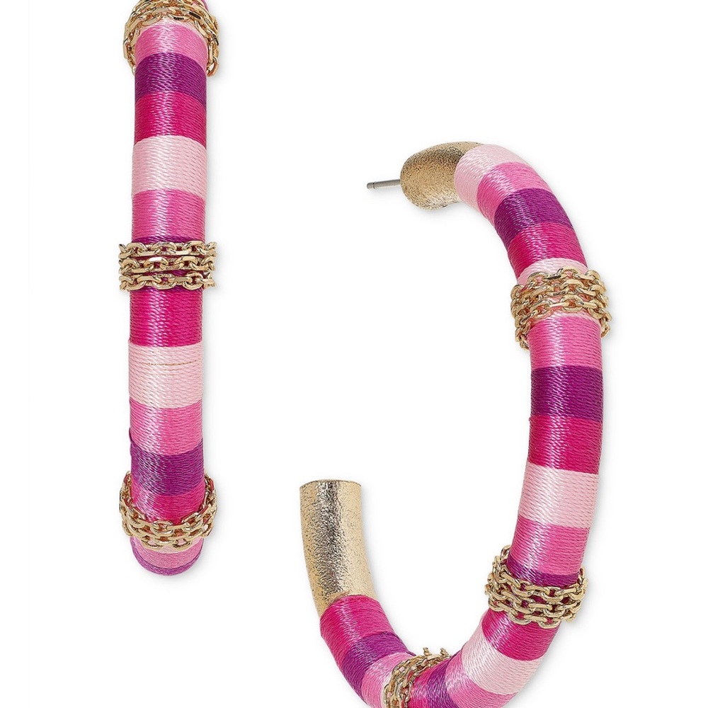 💖 INC Large Pink Thread Wrapped Hoop Earrings Gold Tone Statement